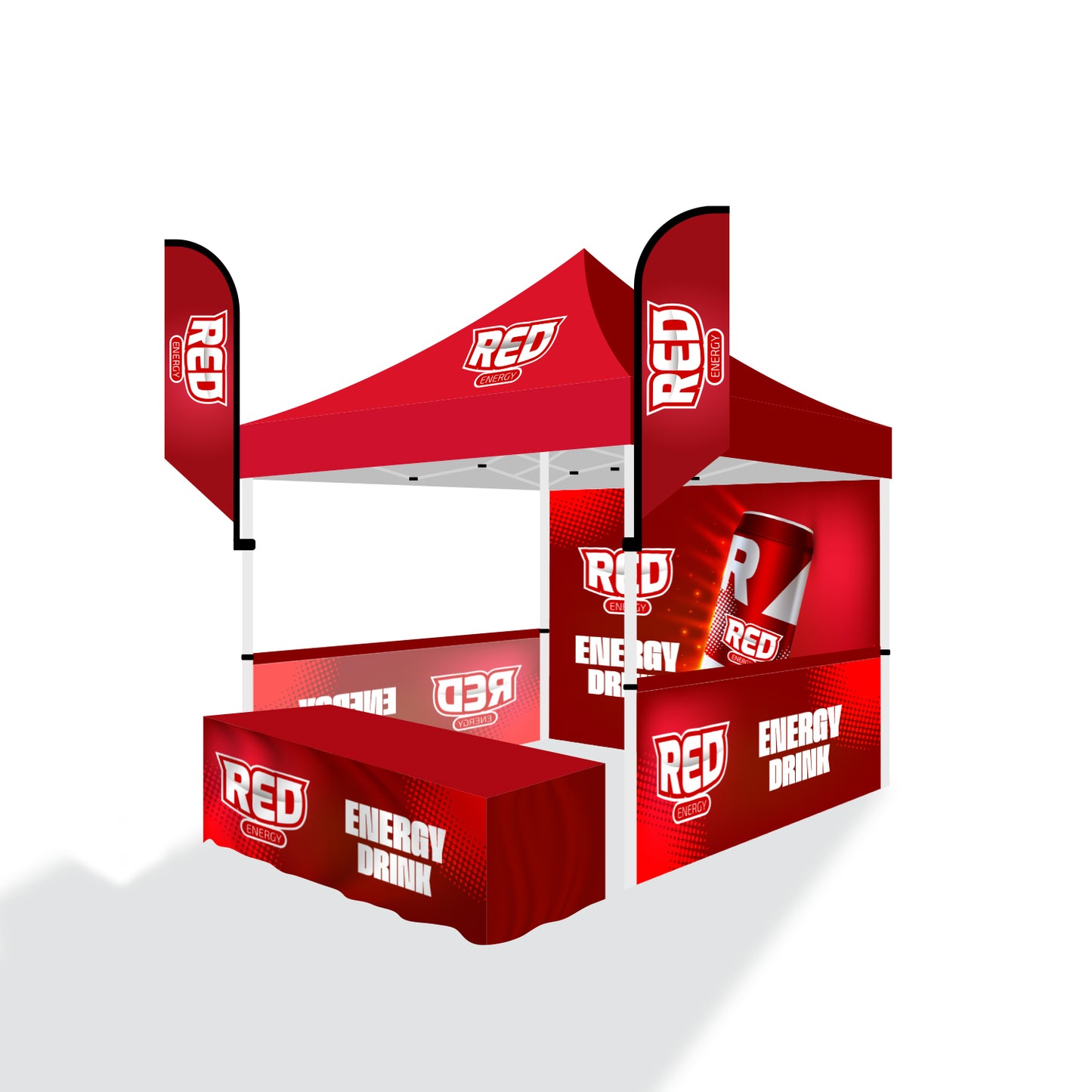 HassleFree™ 10x10 Premium Tent w/ Full Color Canopy, Back Wall, Side Walls, 6' Table Cover, and (2) 8' Tent Banners