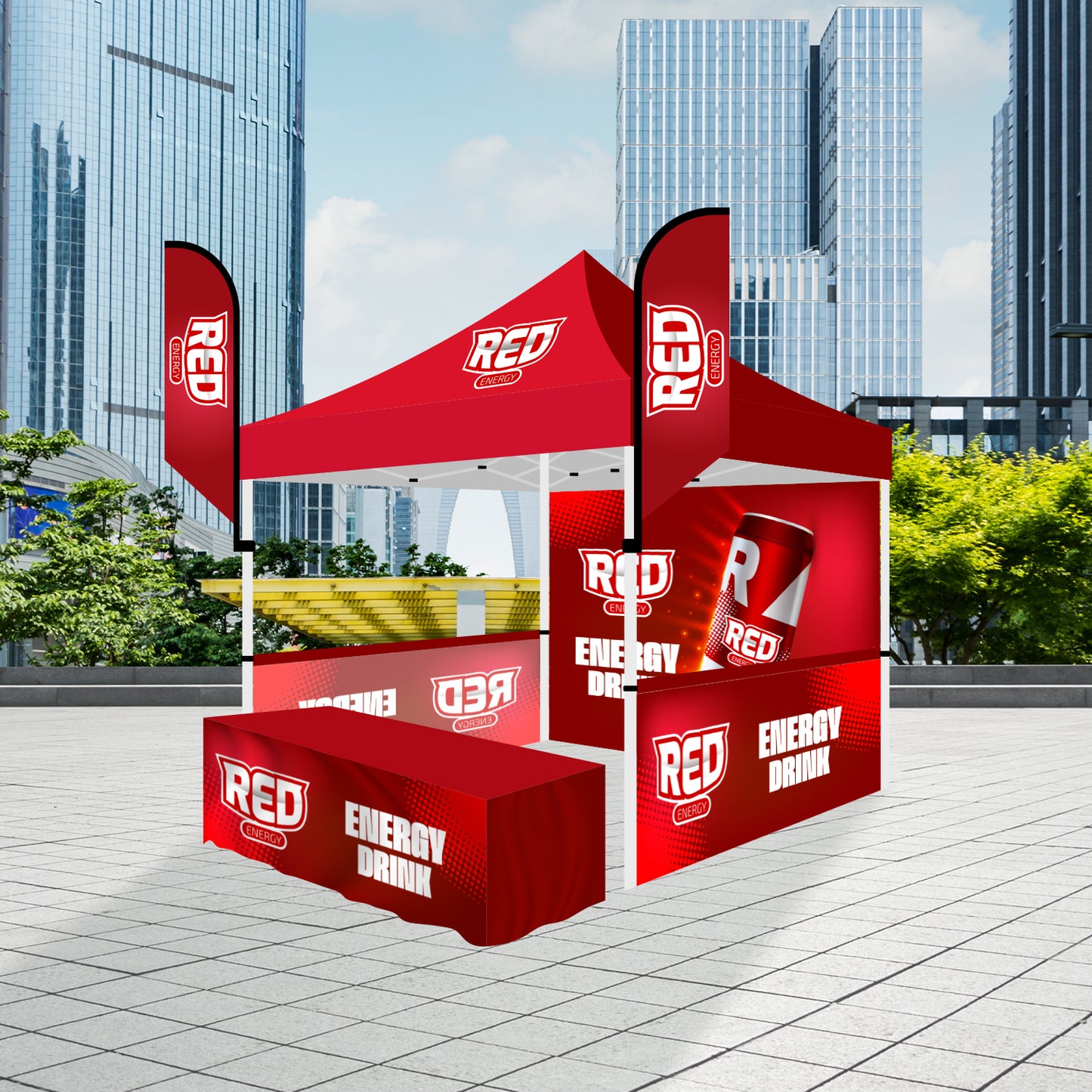 HassleFree™ 10x10 Premium Tent w/ Full Color Canopy, Back Wall, Side Walls, 6' Table Cover, and (2) 8' Tent Banners